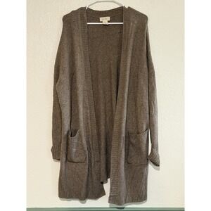 Kaisley Long Duster Cardigan Open‎ Pockets Side Slits Cotton Large Tan Brown
